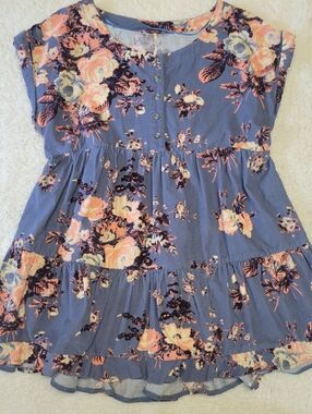 Free People Floral Boho Tunic Dress Small Blue Tiered Babydoll Cotton Flowy